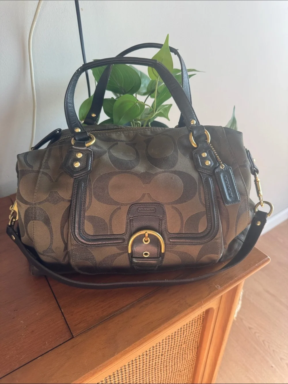 Coach Campbell Signature Metallic Olive Green Canvas Satchel with Leather Trim